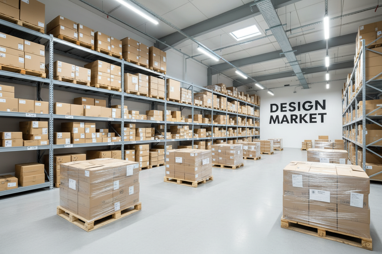 lav et billede af en lagerhal med en masse papkasser, ingen mennesker og der skal stå Design Market